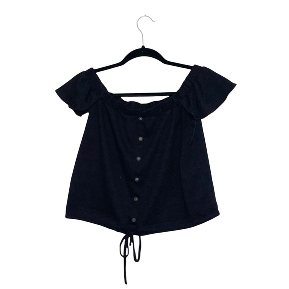 Who What Wear Black Off the Shoulder Button Tie Waist Cropped Top Xsmall Women’s - Picture 1 of 11
